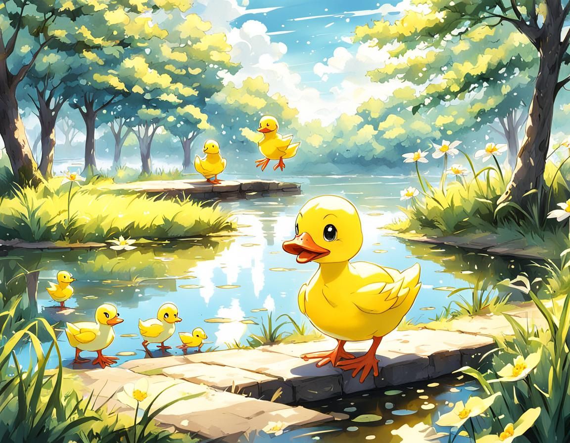 Ducklings and Frog Meet: Anime-Inspired Lake Scene