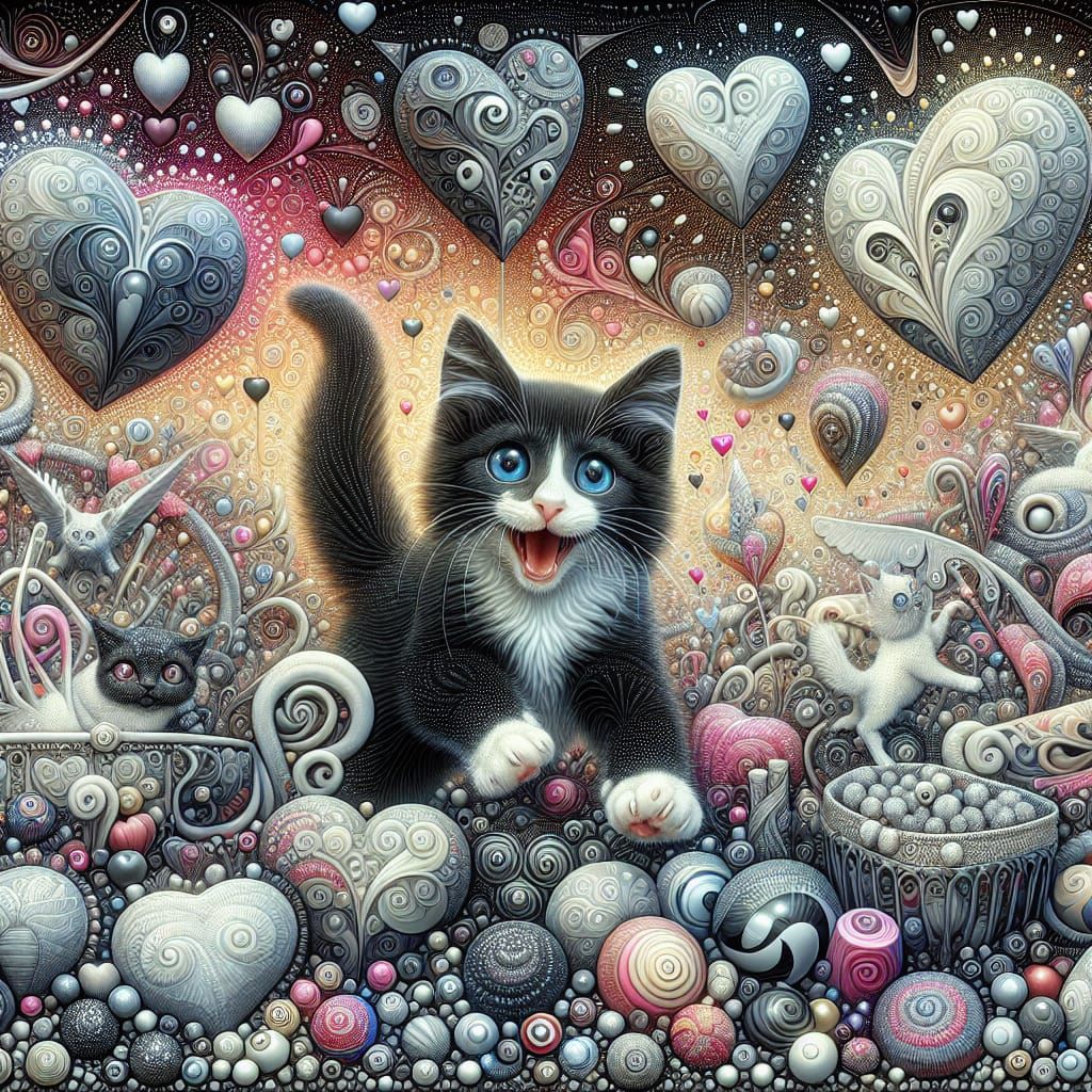 Whimsical Surreal Cat Scene in Pointillist Style