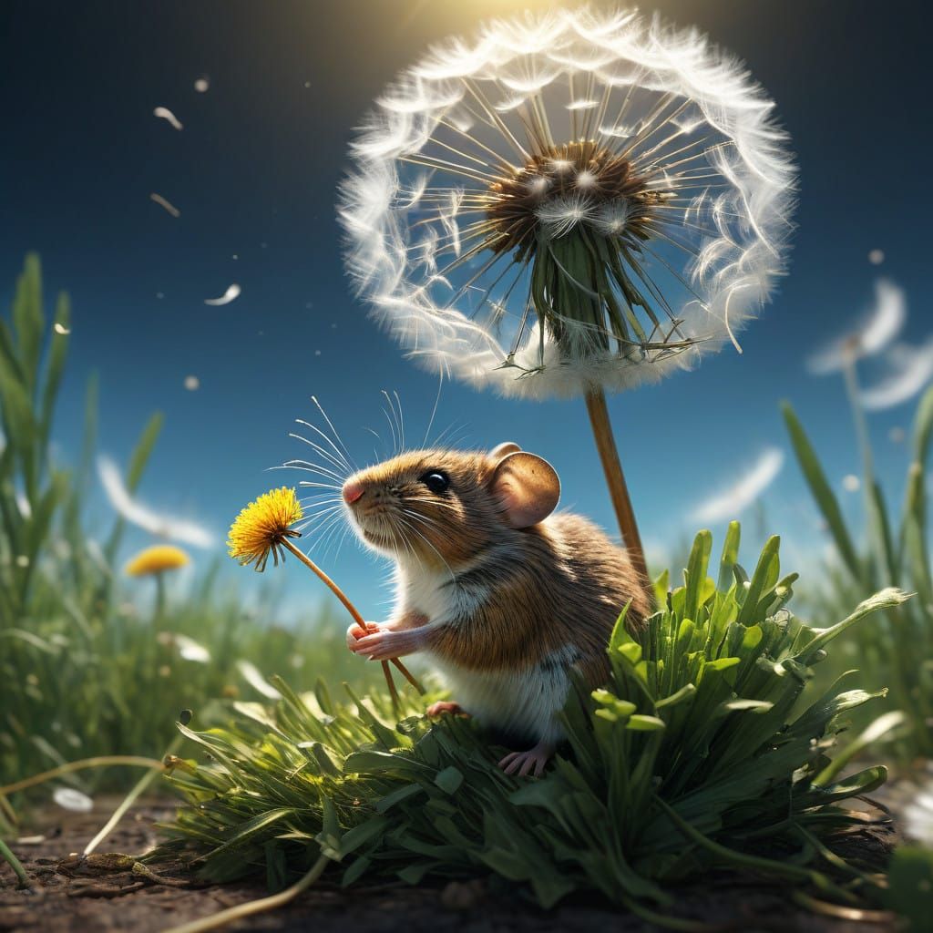Surreal Field Mouse Adrift Amidst Vibrant Dandelions in a Su...