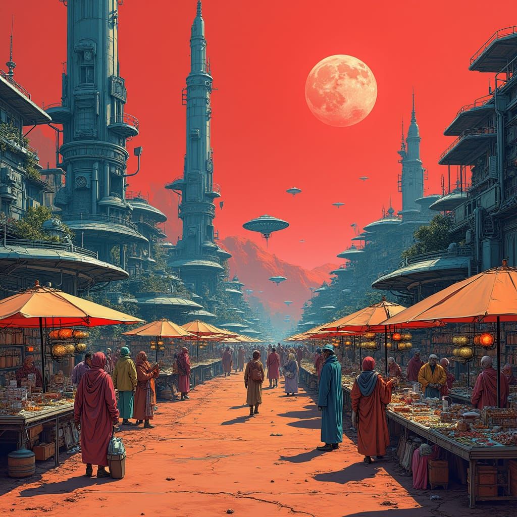 Cyberpunk Mars Marketplace with Alien Species & Hovercrafts