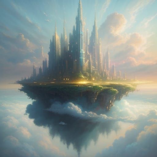 Floating City Concept Art in Vibrant Oil Painting Style