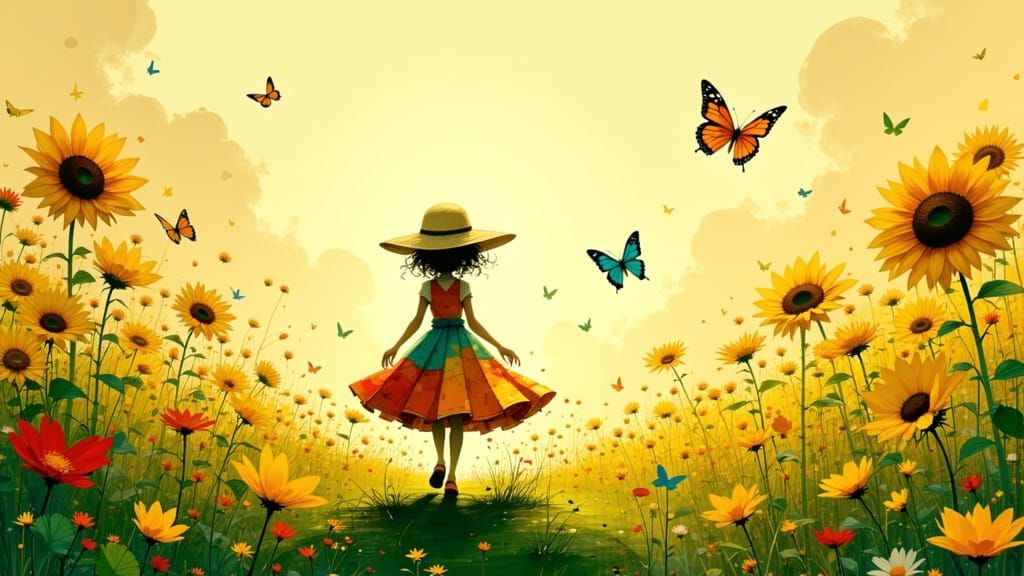 Whimsical Girl Dances in Vibrant Meadow Landscape