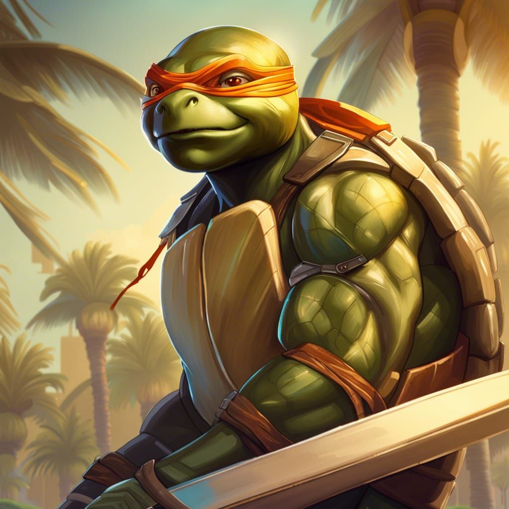 Michelangelo Skateboard Portrait in Art Nouveau Style