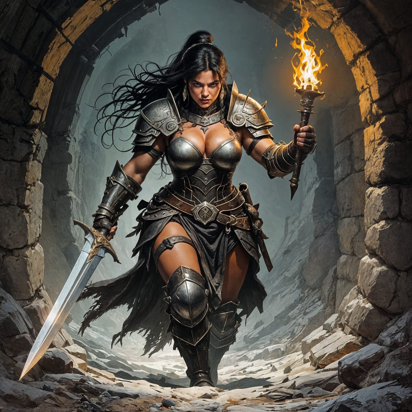 Muscular Warrior Woman Descends Dark Dungeon with Sword
