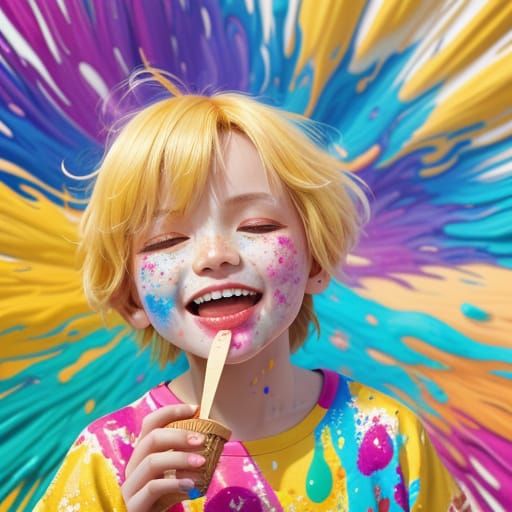 Joyful Kid Eating Ice Cream in Digital Art