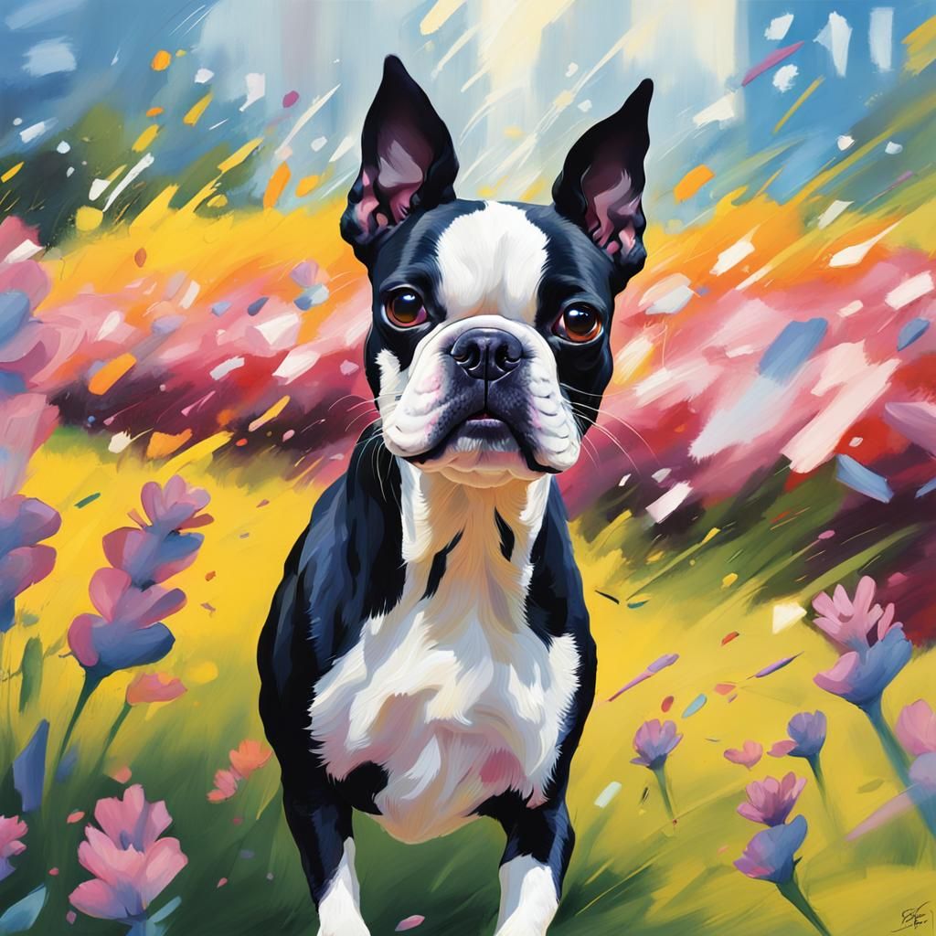 Boston Terrier Running: Hyperrealistic Splash Art