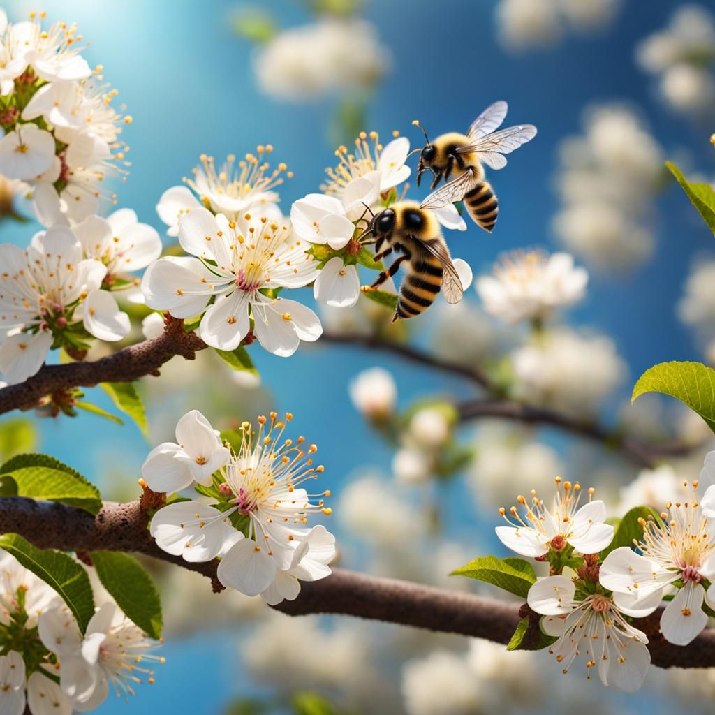 Bees Foraging on Apple Tree Blossoms