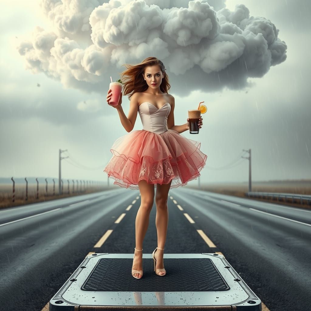 Confident Woman Surrounded by Milkshakes and Turbulent Skies