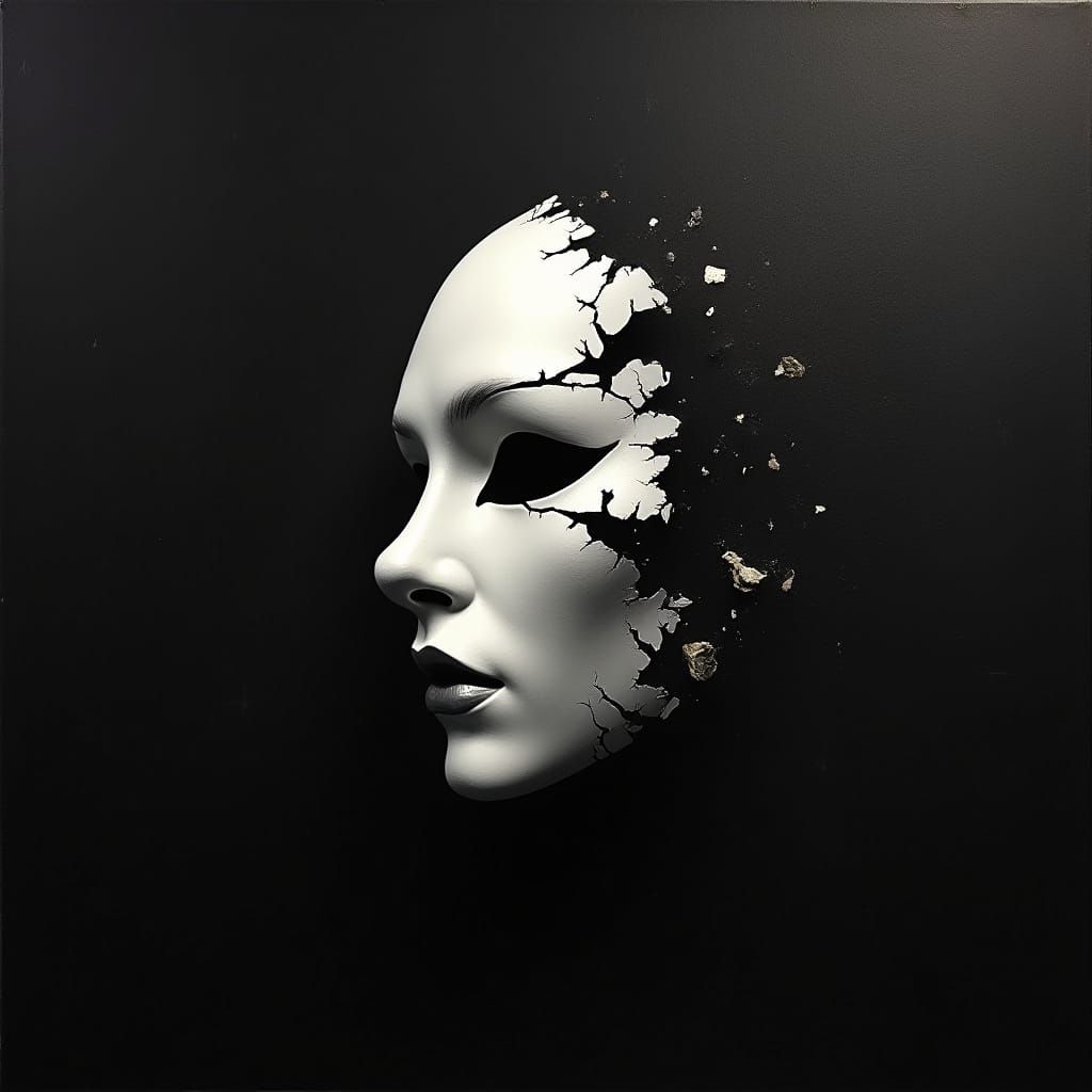 Shattered White Mask on Black Canvas