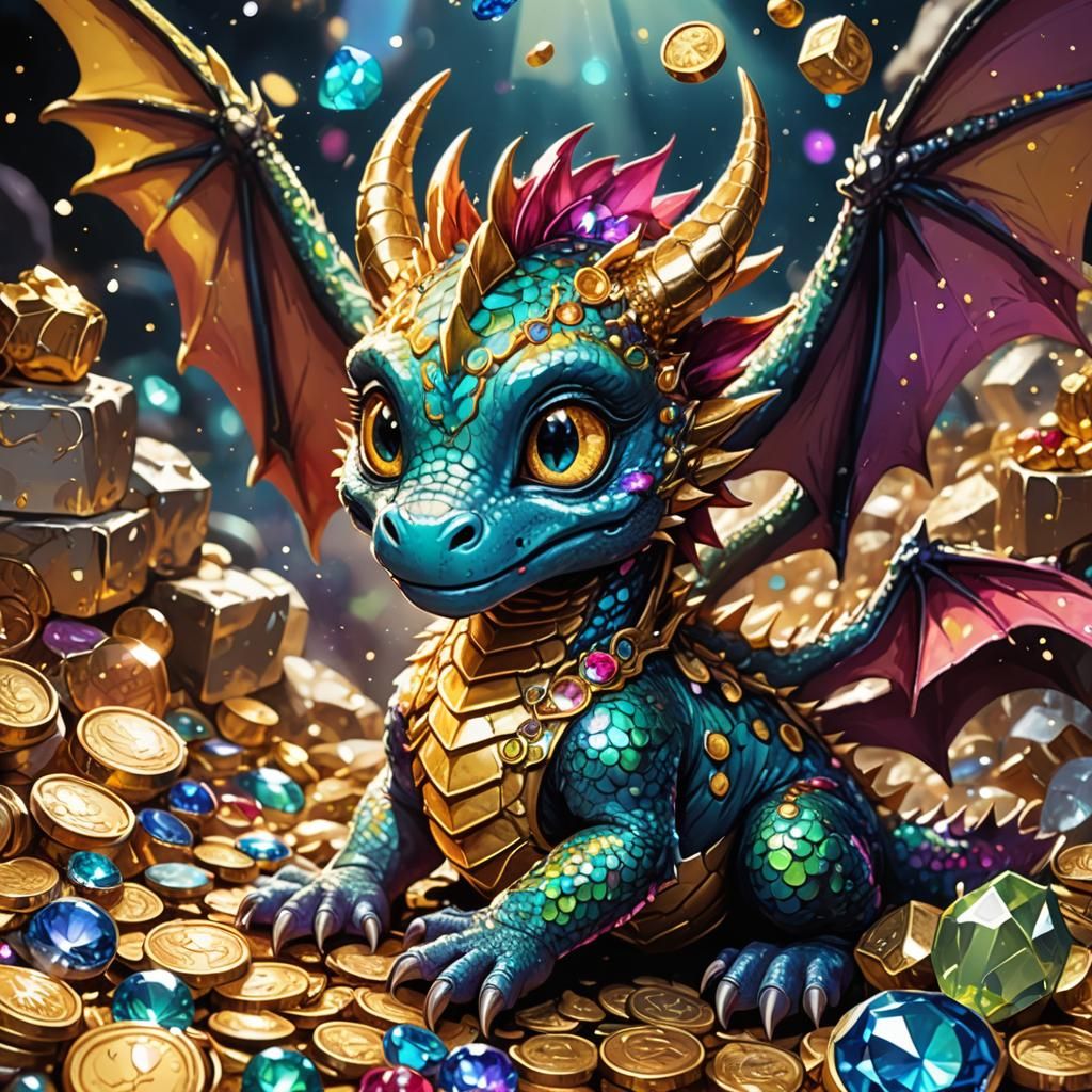 Cute Baby Dragon on Treasure in Comic Book Style