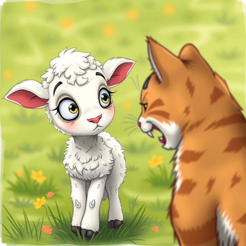 Anxious Lamb and Hissing Cat in Farmyard