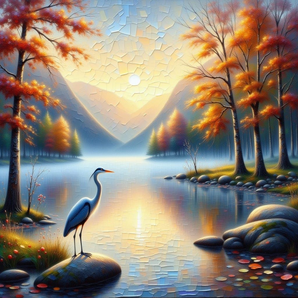 Heron at Misty Lake: An Impasto Oil Painting