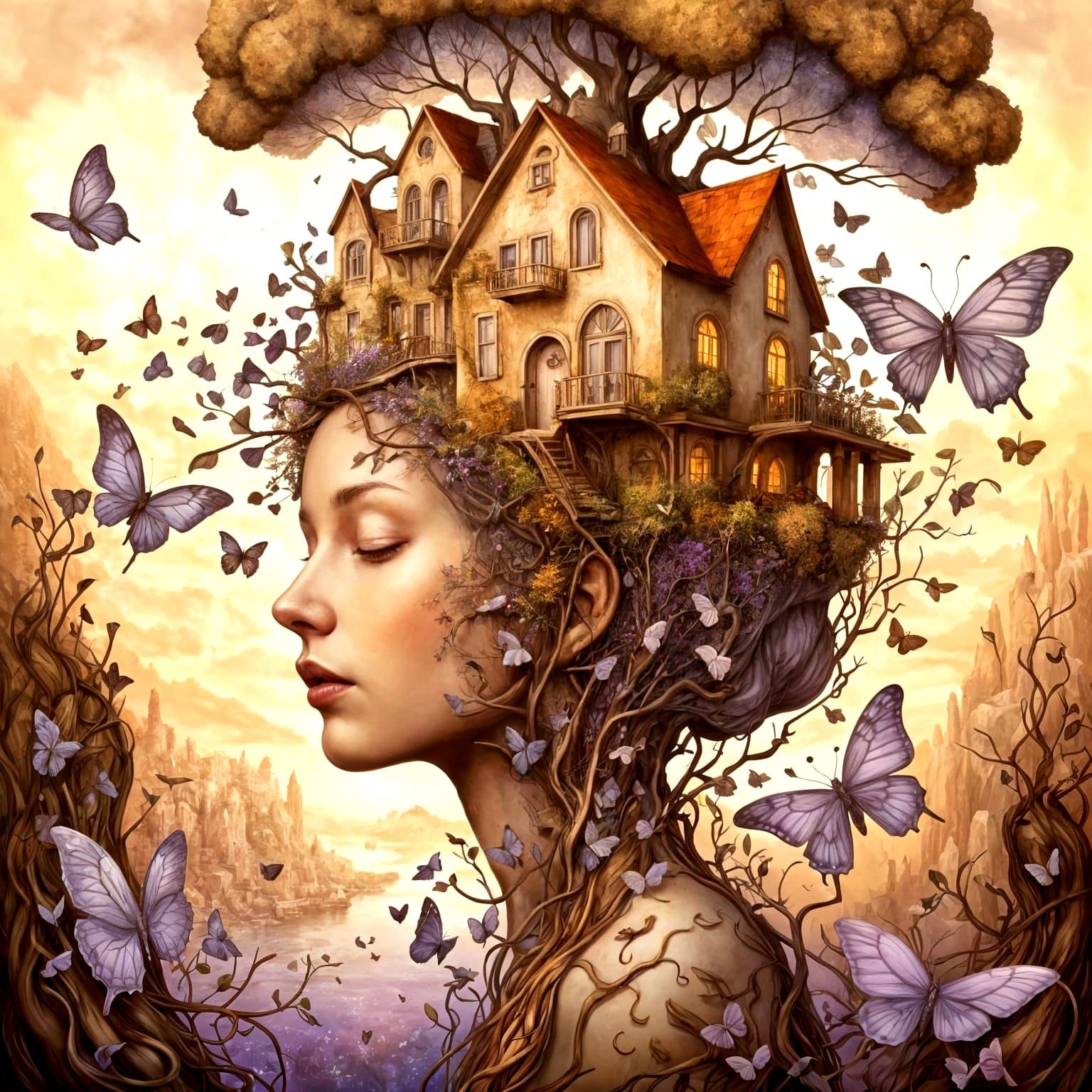 Surreal Dreamscape with Blooming Mindscape and Organic House