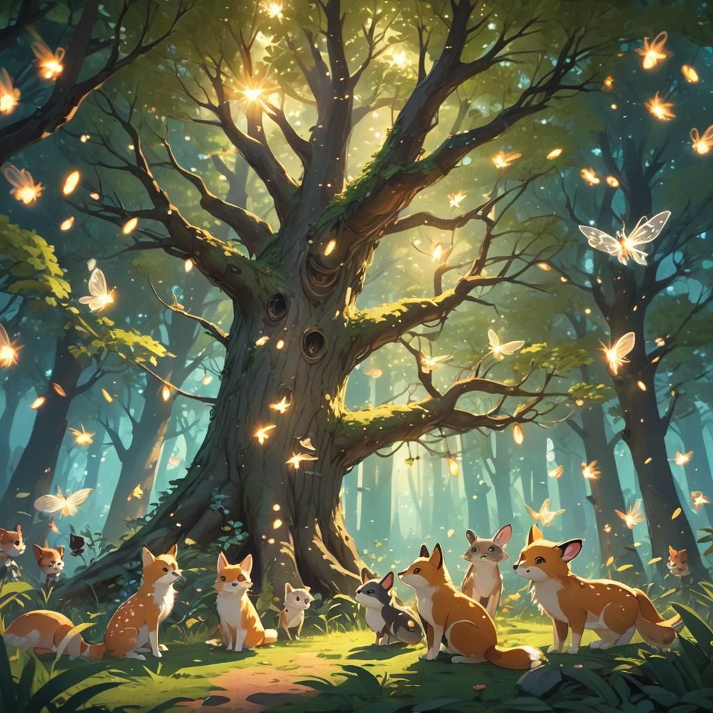 Anime Animals Gather Around Glowing Tree