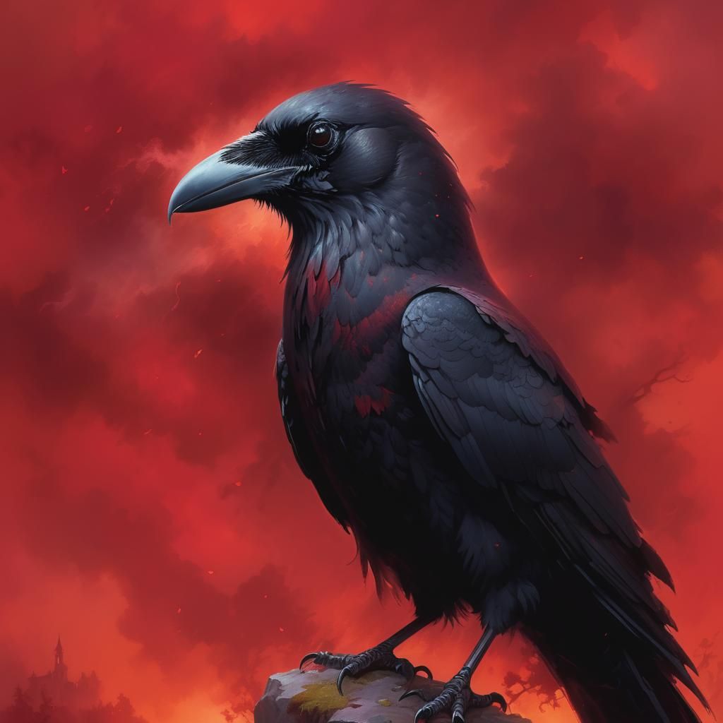 Monochromatic Red Raven Portrait in Ethereal Style