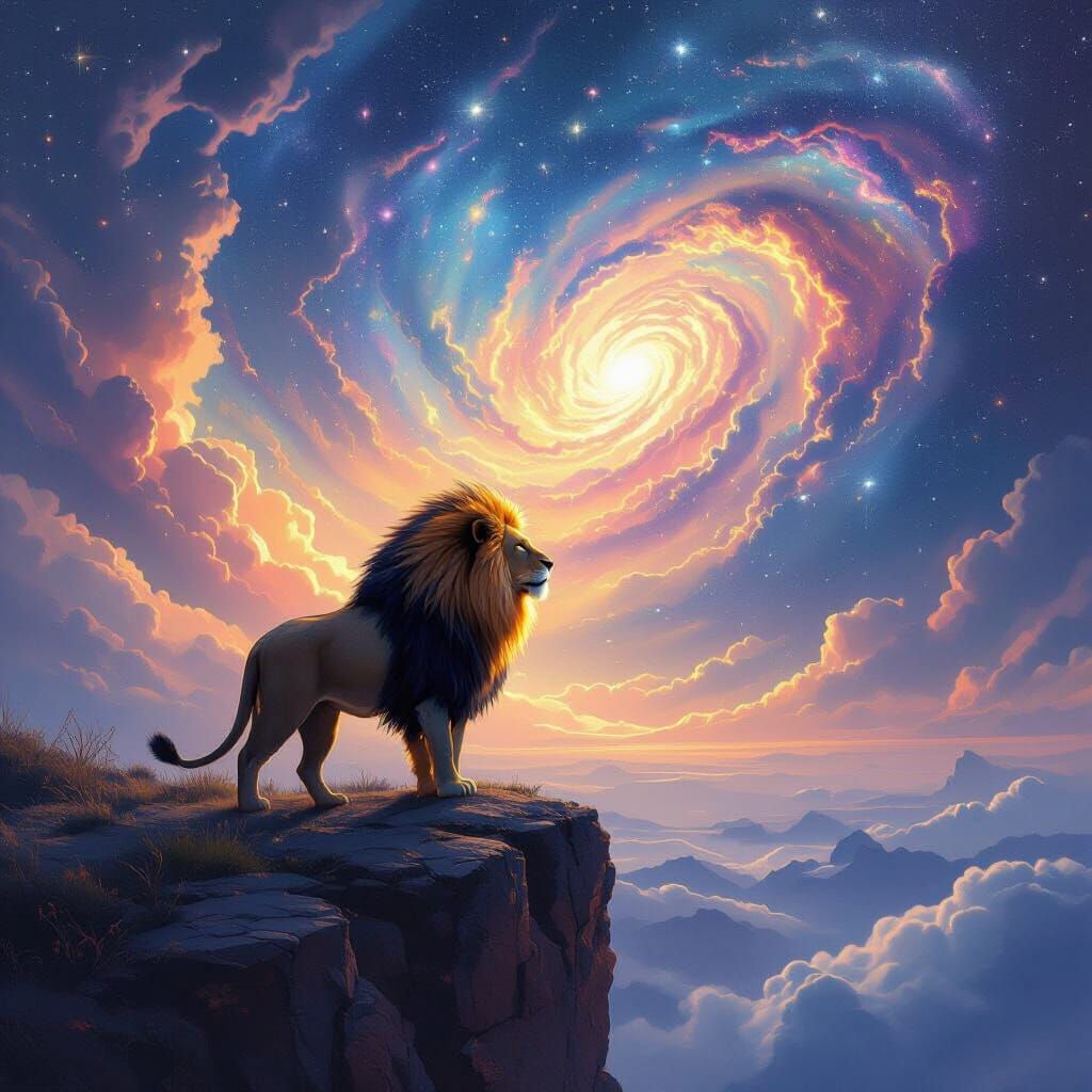 Lion with Stardust Mane Overlooking Galaxy, Digital Painting