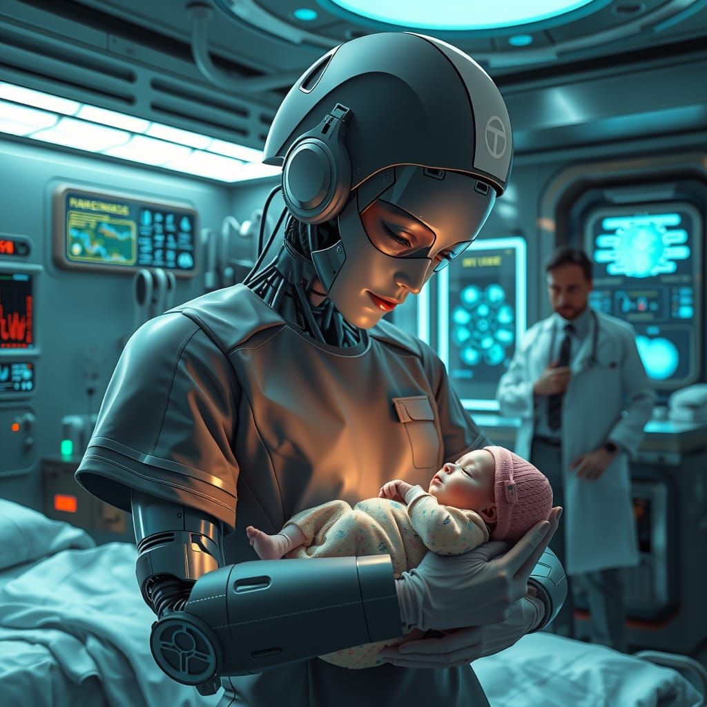 Android Nurse with Newborn in Futuristic Room