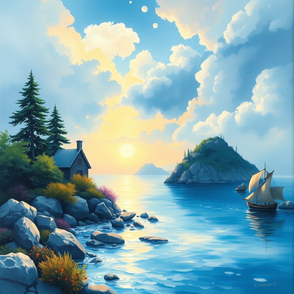 Ethereal Fantasy Seascape in Gouache and Watercolor Style