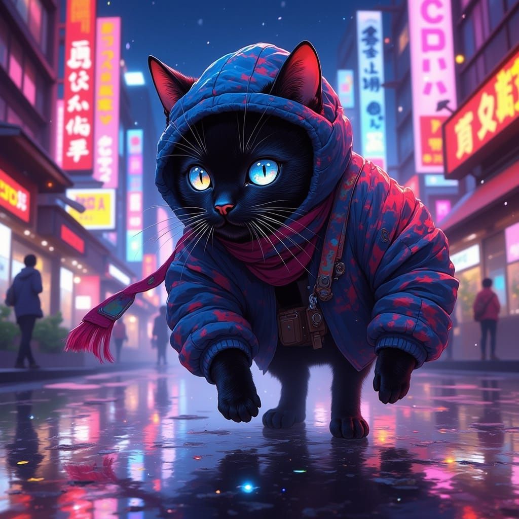 Ninja Cat in Neon Tokyo Street, Japanese Anime Style