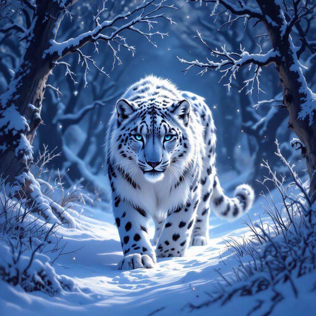 Moonlit Snow Leopard in Fantasy Forest
