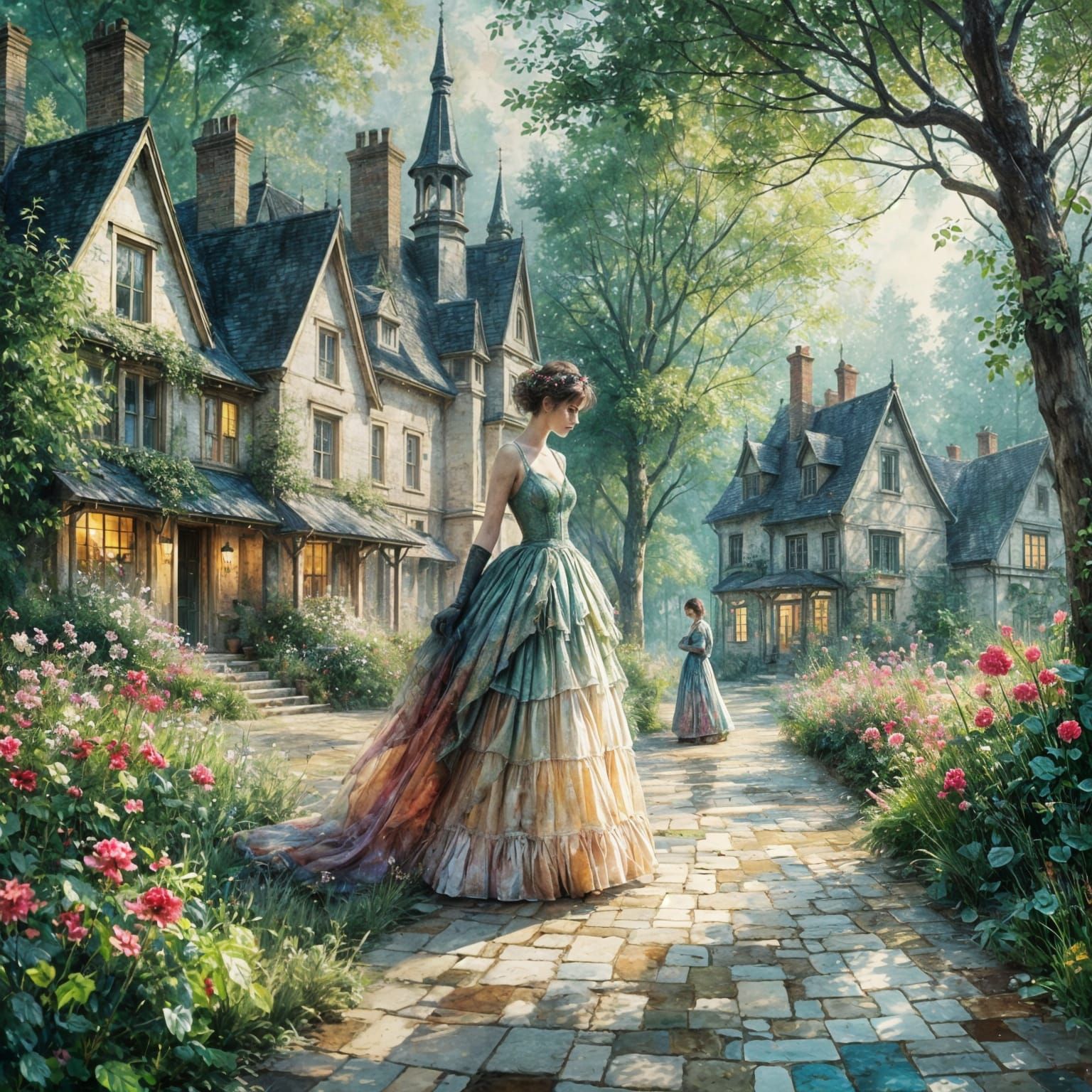 Ethereal Impressionistic Woman in UK Town Square