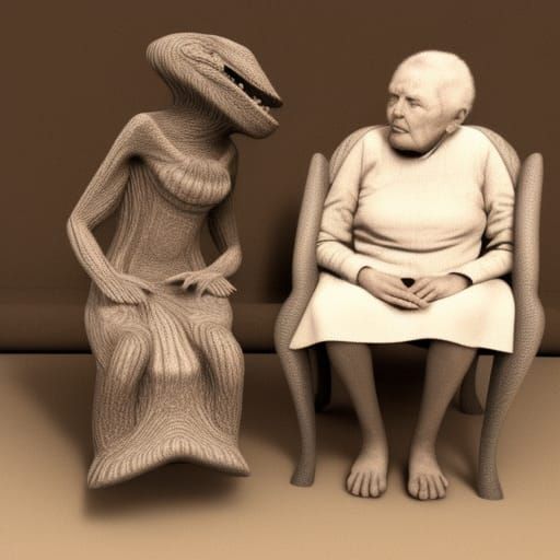 Strange 3D Creature Beside Old Lady