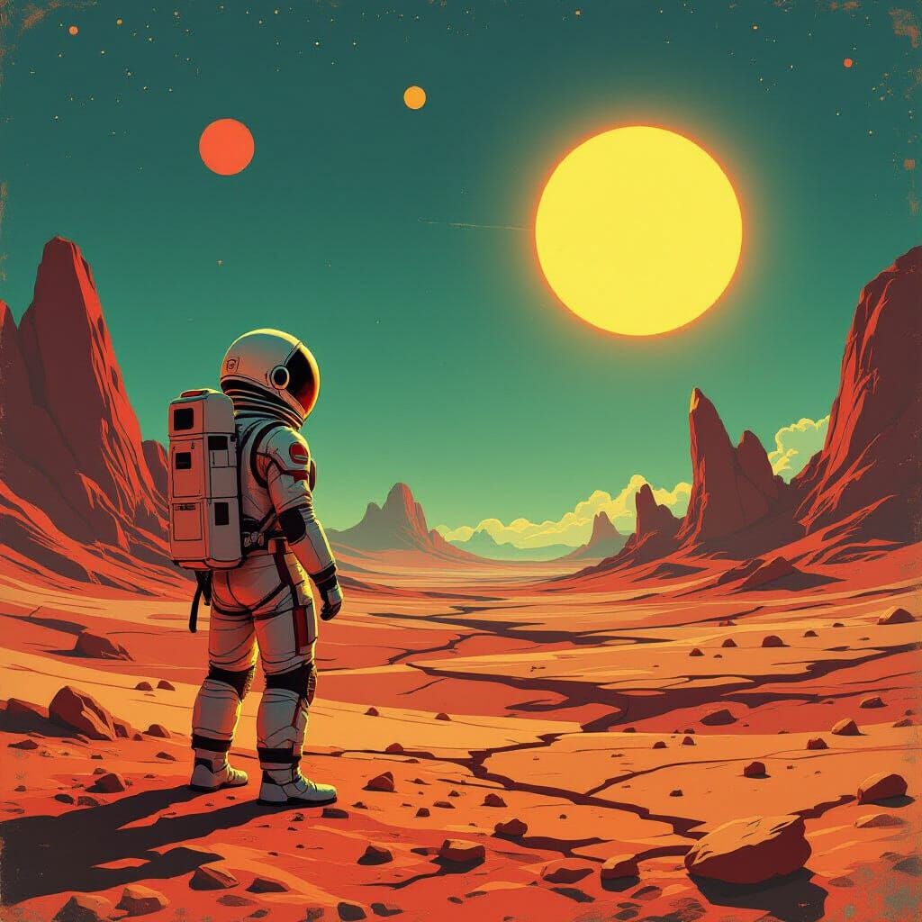 Astronaut on Alien Planet Under Twin Suns