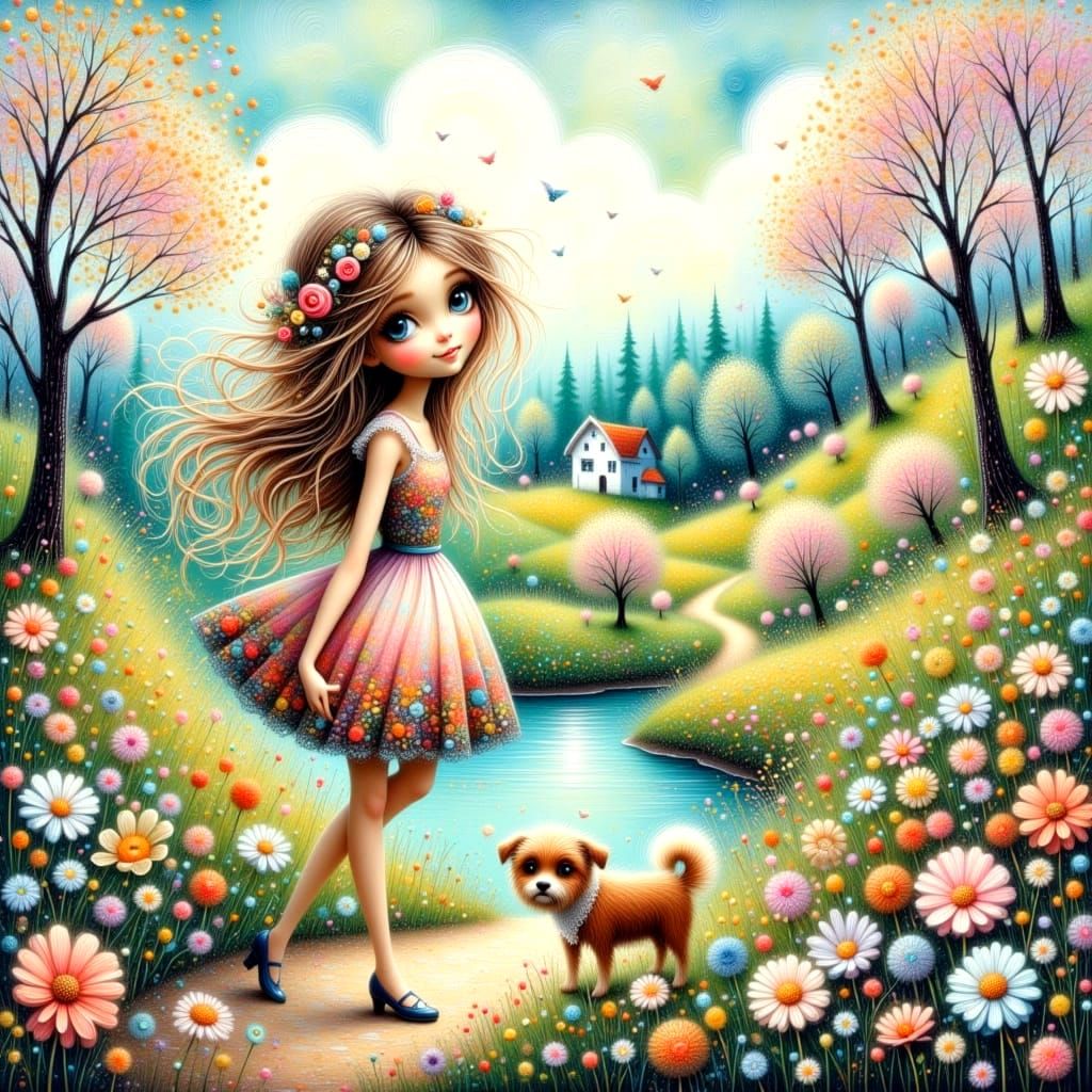 Whimsical Meadows Girl and Dog in Bohemian Style
