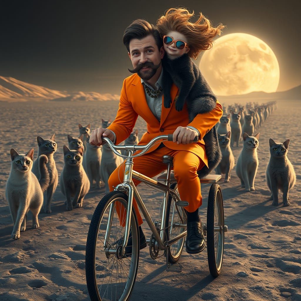 Lunar Tricycle Ride with Cats in Hyperrealistic Style