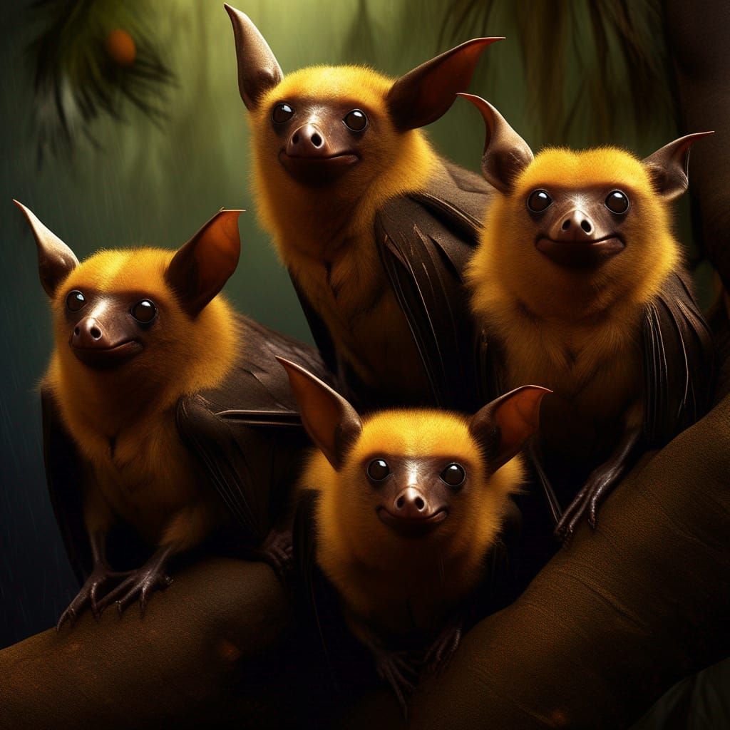 Australian Fruit Bat Family in Rainforest: Detailed Matte Pa...