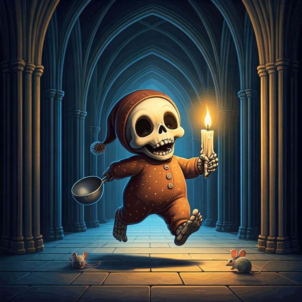 Whimsical Skeleton-Baby Chase in Don Bluth Watercolor Style