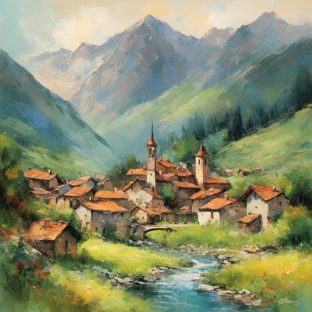Alpine Riverside Village Scene
