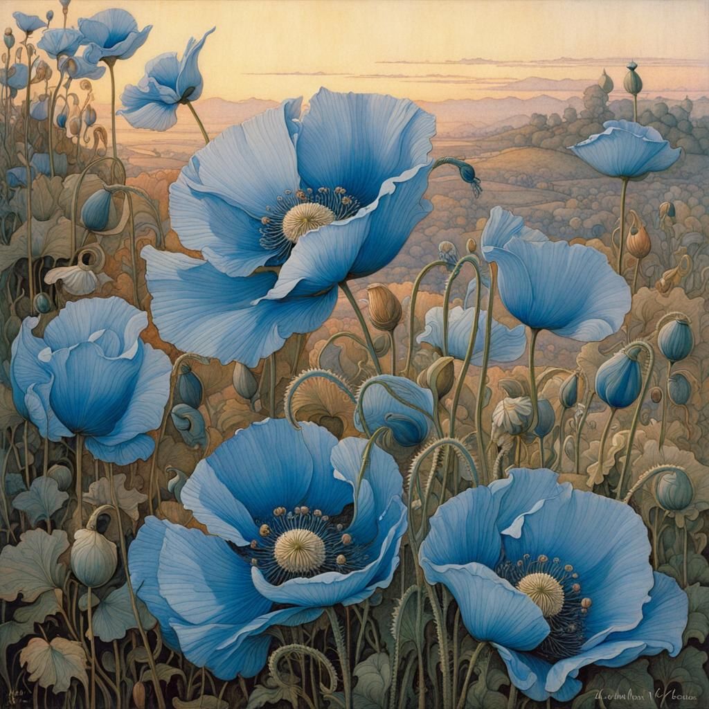 Blue Poppies in Pink Light, Intricately Detailed