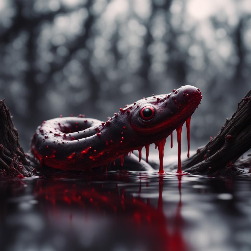 Detailed Leech in Lake with Blood Splatter