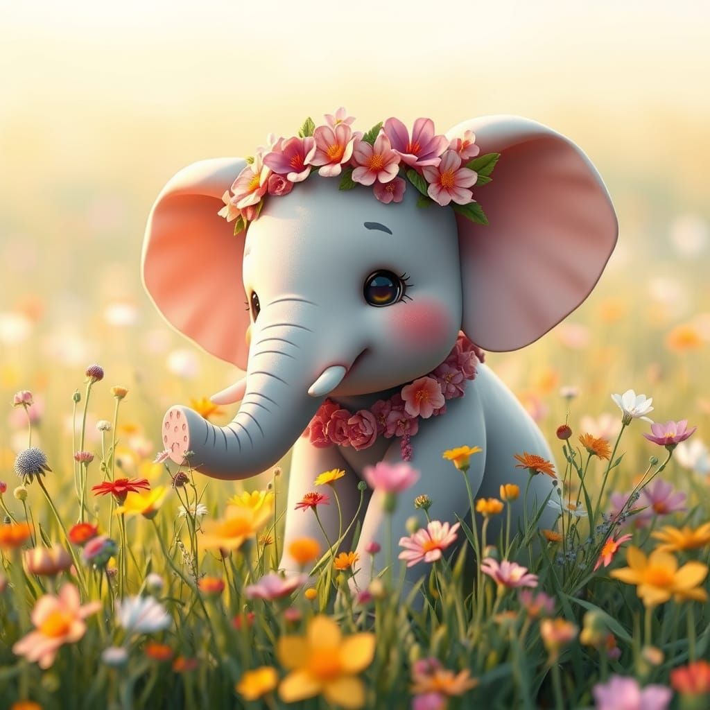 Surreal Anime Elephant in Vibrant Wildflower Meadow
