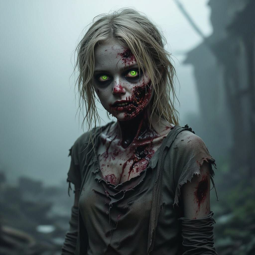 Decayed Zombie Girl in Foggy Horror Style
