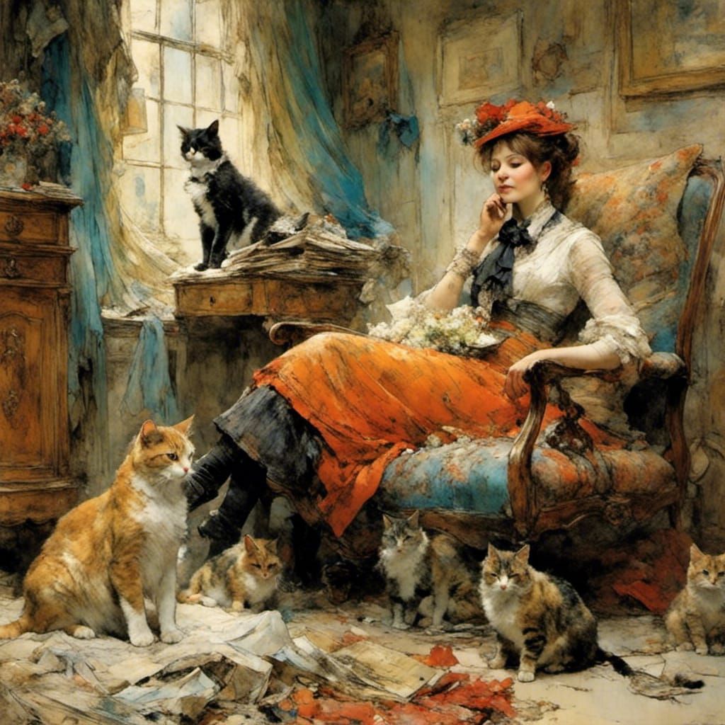 Elegant Lady with Cat in Digital Painting Style