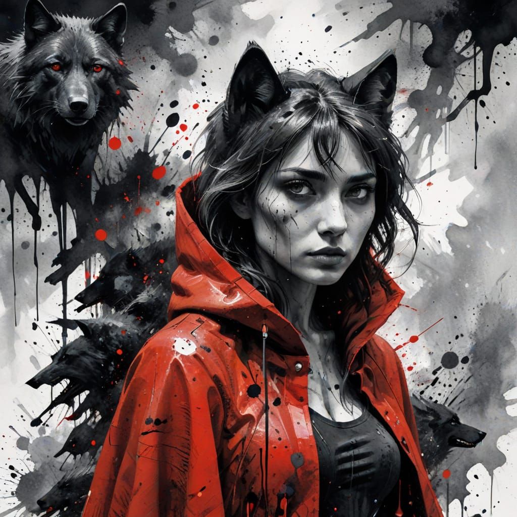 Surreal Mixed Media: Woman in Red Cloak and Wolf