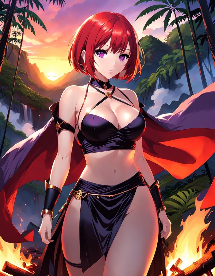 Anime Girl in Rainforest at Sunset