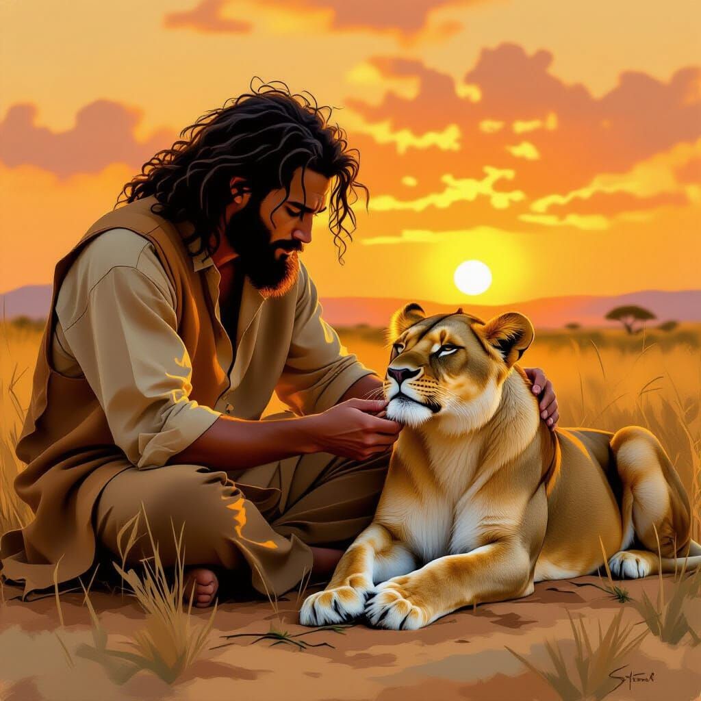 Jabari and Sekhmet: A Tender Moment at Sunset