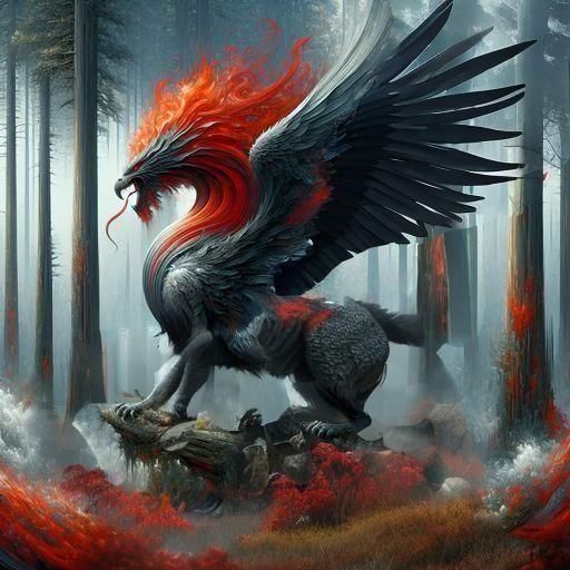 Cenlorpavideo: Snake-Wolf-Raven Chimera in Misty Forest