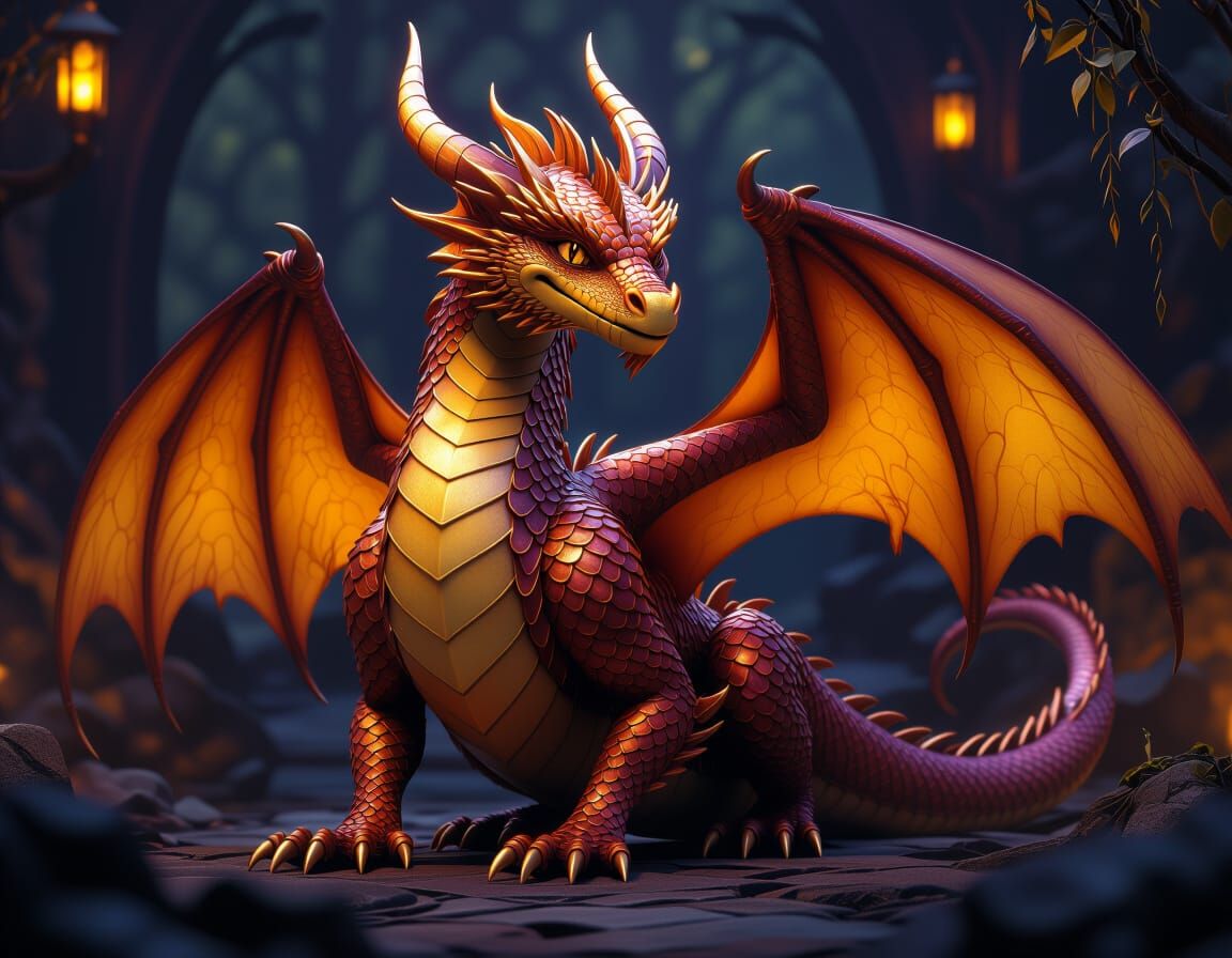 Majestic Copper Dragon with Shelmish Smile in Dark Fantasy S...
