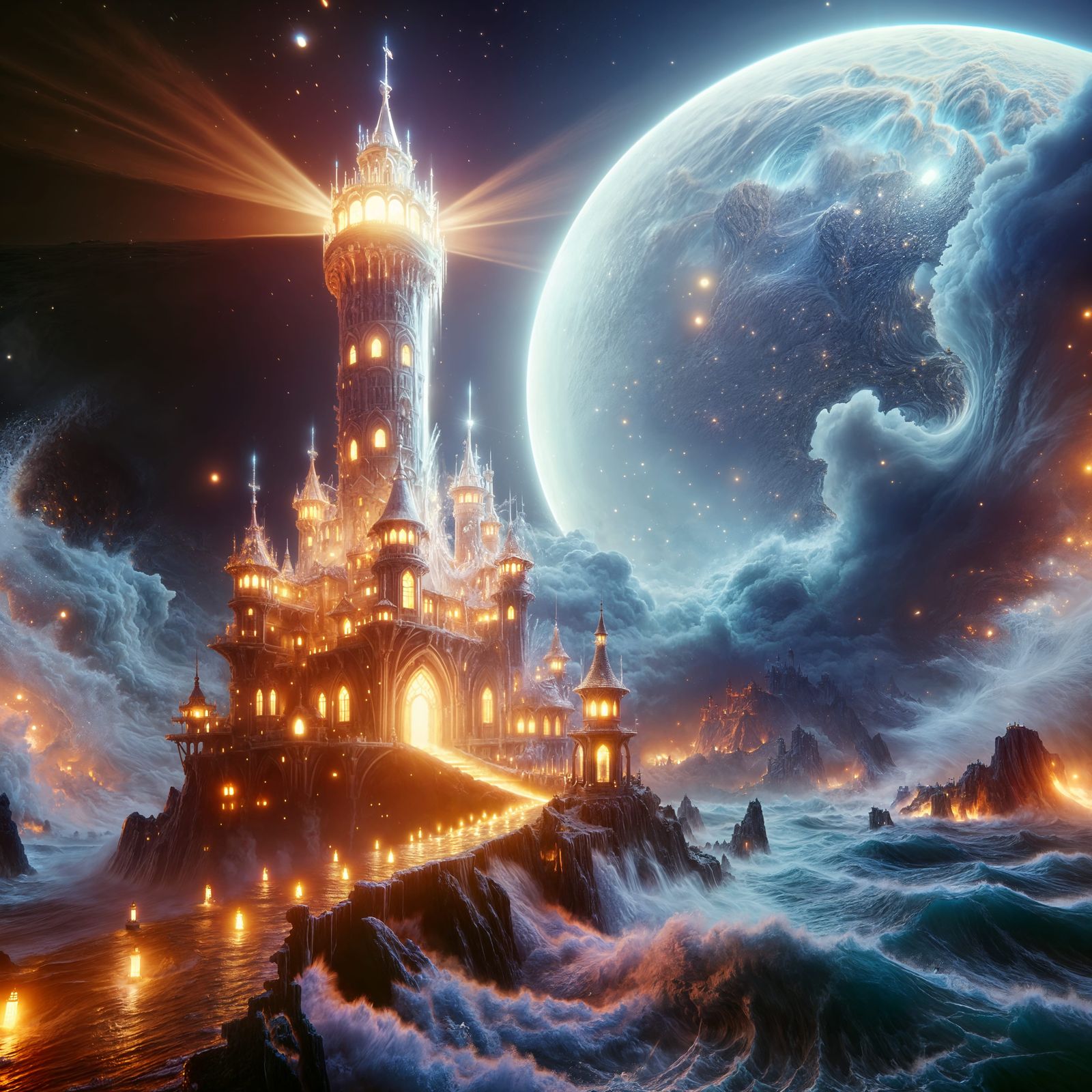 Surreal Lighthouse Castle in Stormy Seas