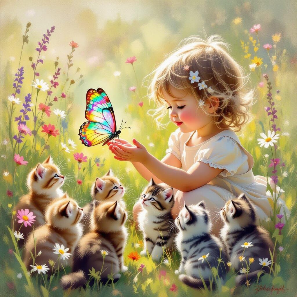 Child Releasing Butterfly with Kittens, Impressionist Style