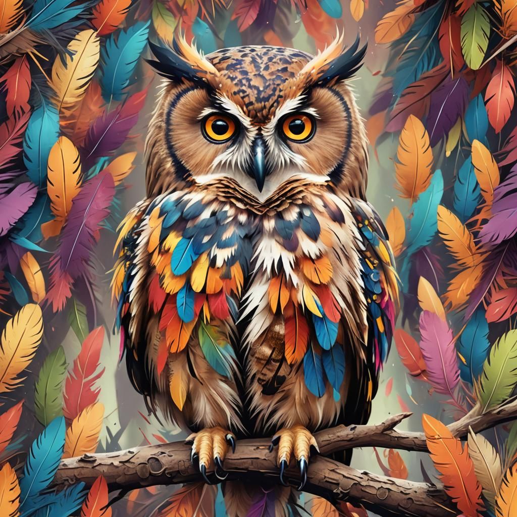 Colorful Fluffy Owl Portrait