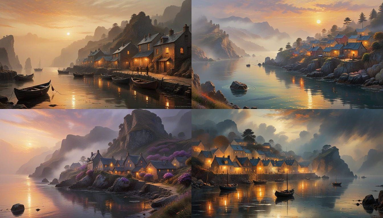 Vibrant Sunset Over a Craggy Fishing Village Coast