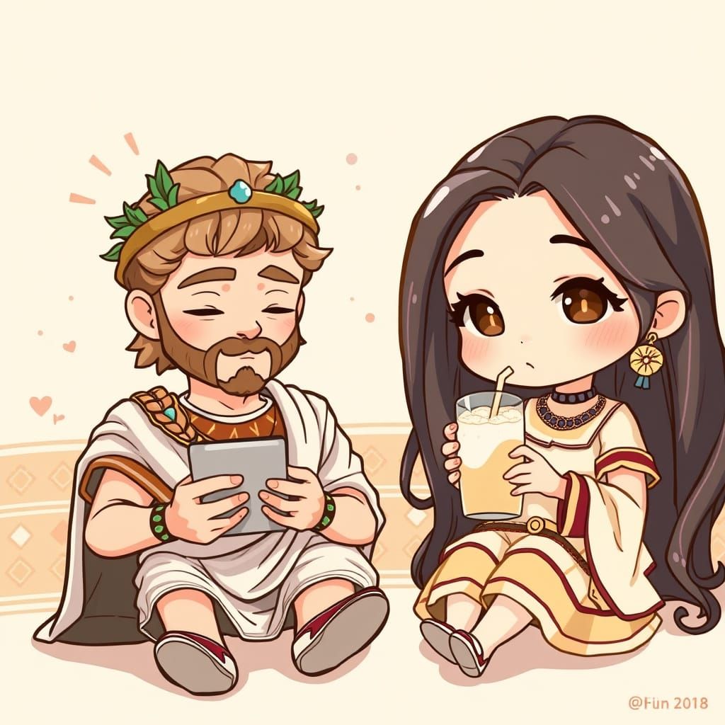 Chibi Julius Caesar Chills with Chibi Emilia in Whimsical Ro...