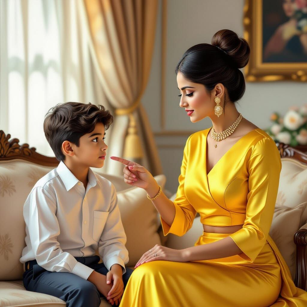 Indian Woman in Yellow Attire Lecturing Nephew
