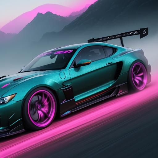 Neon Drift Car on Misty Mountain Curve