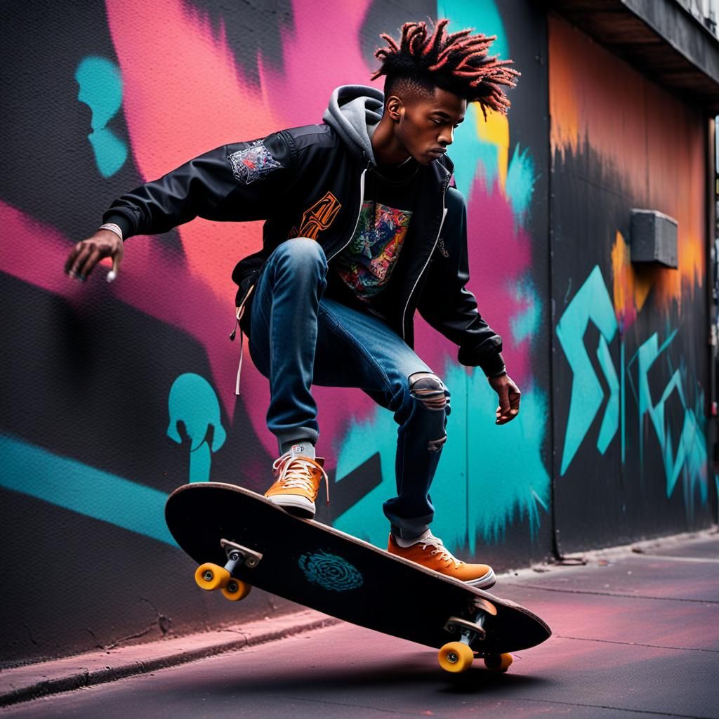 Street Art Creation by Punk Skateboarder in Urban Style